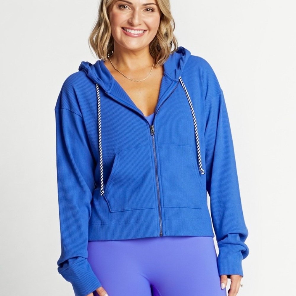 Terez blue ribbed zip up cropped hoodie